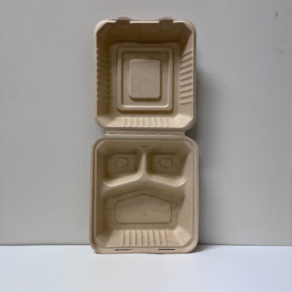 100Pack Sugarcane Biodegradable Clamshell Food Containers 3 Compartments 8"x8"