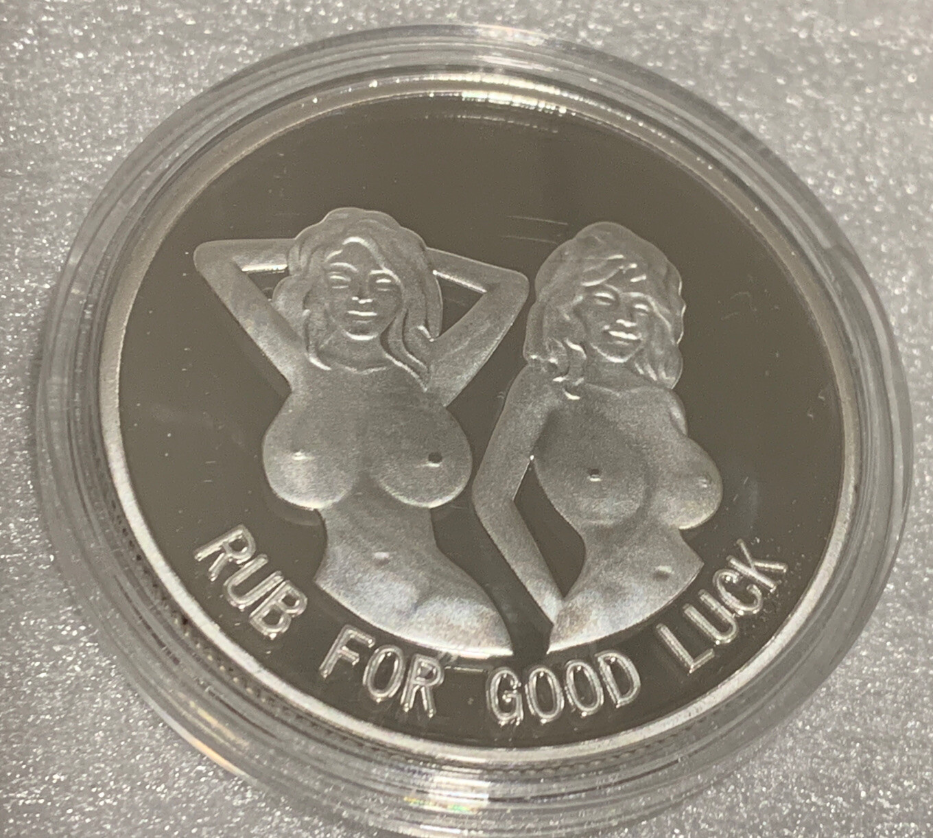 * Rub For Good Luck- Bottoms Up” Adult Novelty Coin. Brand New Silver Finish.