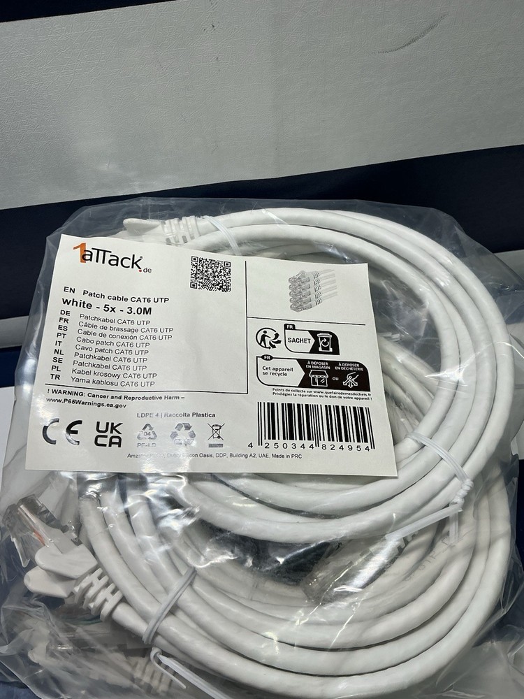 CAT 6 UTP Patch Cable, 5 Pack, White, 3.0M - 9.84 FT, Ethernet/Networking Cable