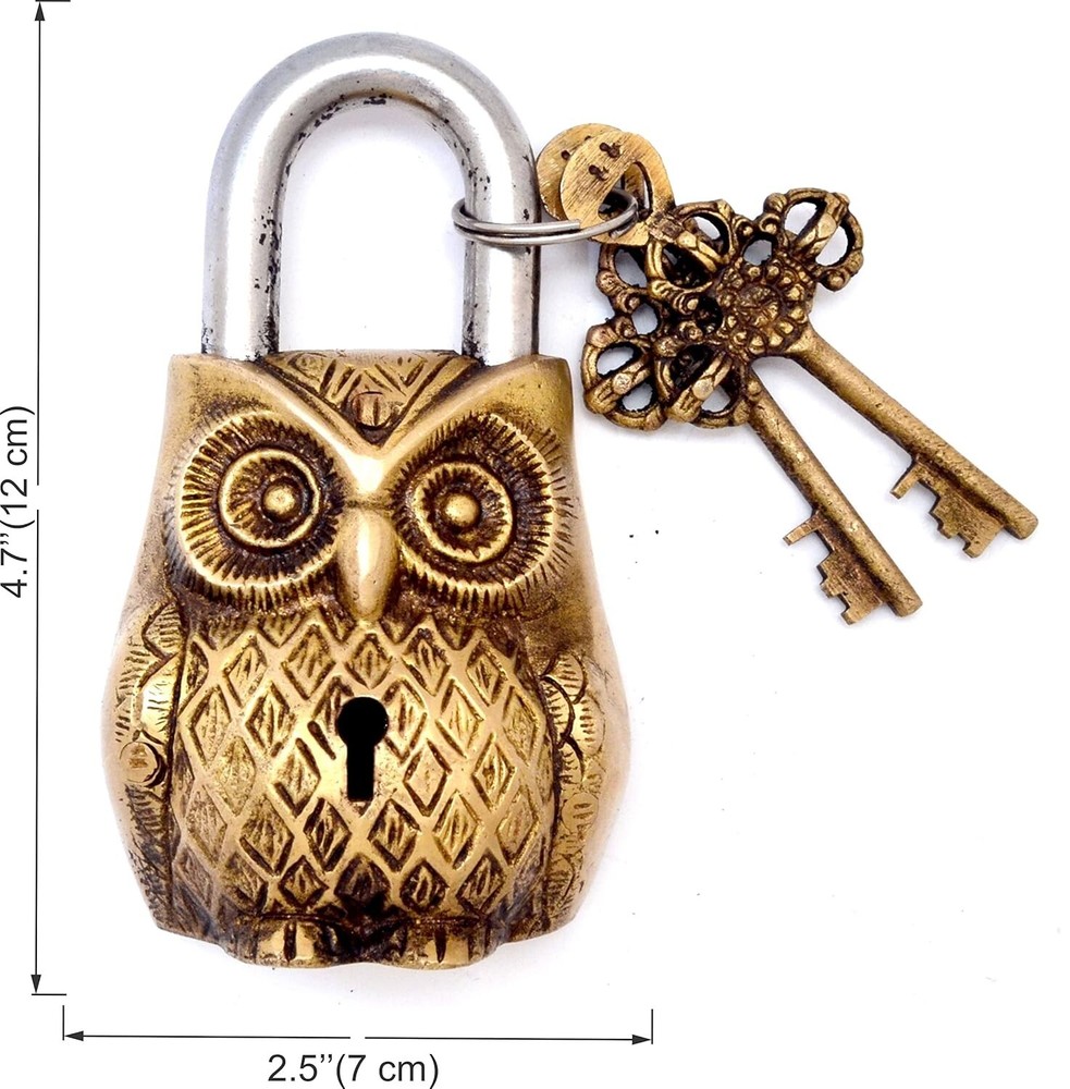 Antique Look Owl Design Functional Brass Padlock with 2 Keys