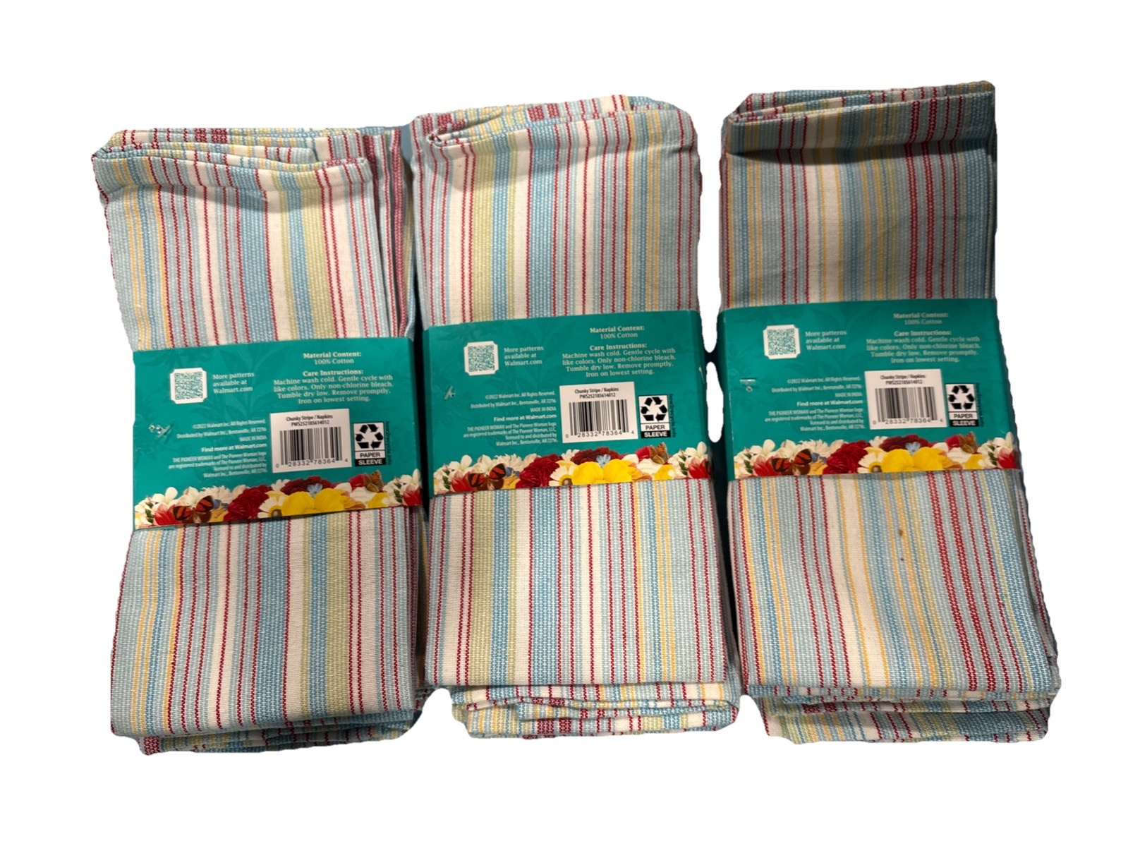 3 PACKS The Pioneer Woman Chunky Stripe Fabric Napkins, 20"x20", Set of 4