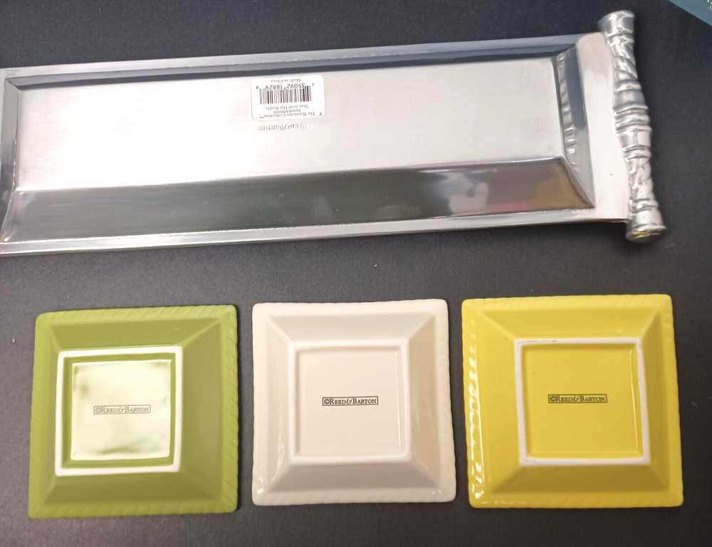 Reed & Barton Bannister Metal Rectangular Serving Tray with Ceramic Dishes 15.5"