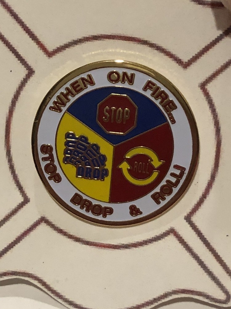 Hat Cap Lapel Pin Firefighter Firefighting Firemen When On Fire Stop Drop & Roll