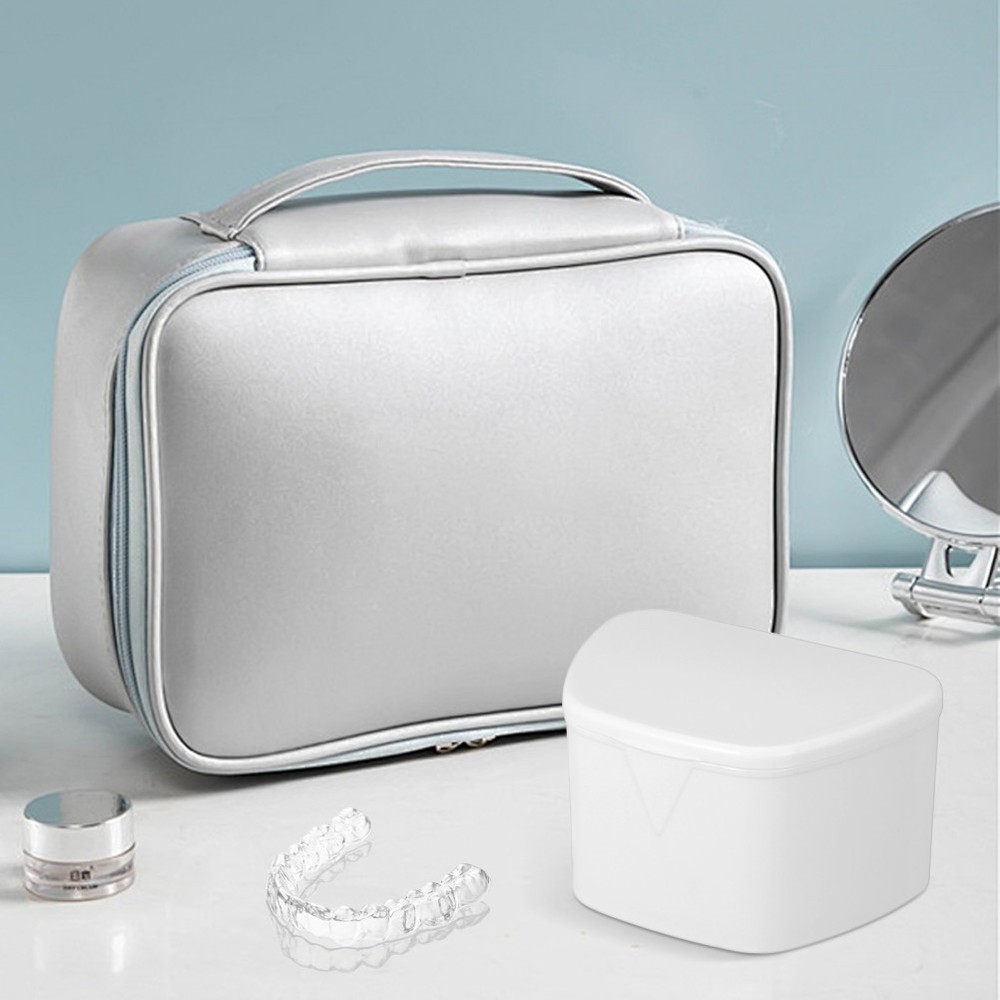 Portable Denture Case Retainer Case Hinged Lid Snaps Mouth Guard Storage Box