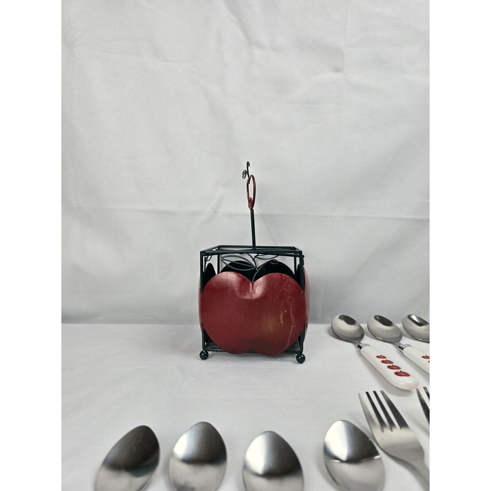 Apple Flatware Set & Holder Farmhouse Fruit Vintage Plastic Handle