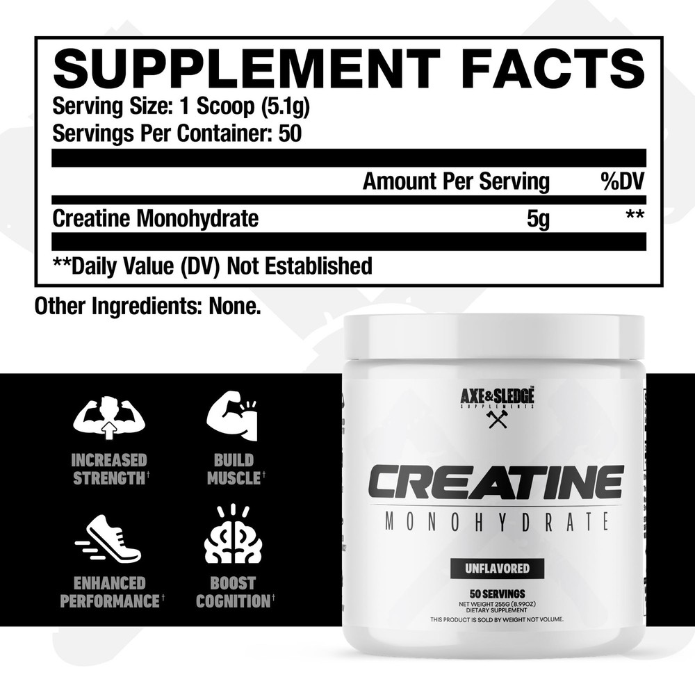 Axe & Sledge Basics Creatine | Unflavored, Enhances Strength & 50 Serving