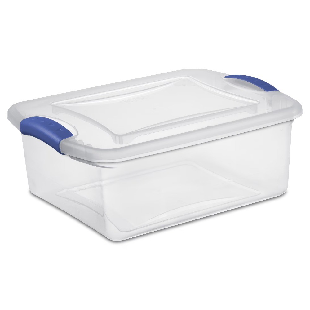 Sterilite 15-quart small lockable storage box, clear plastic storage box, blue.