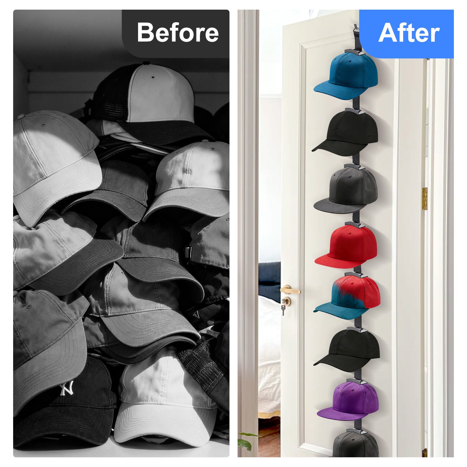 Vertical Over Door Hat Rack Adjustable Space Saving Cap Organizer With 10 Hooks