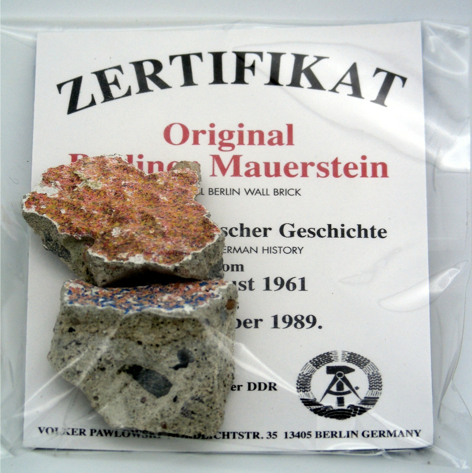 Real Piece of the BERLIN WALL with Certificate of Authenticity, Small