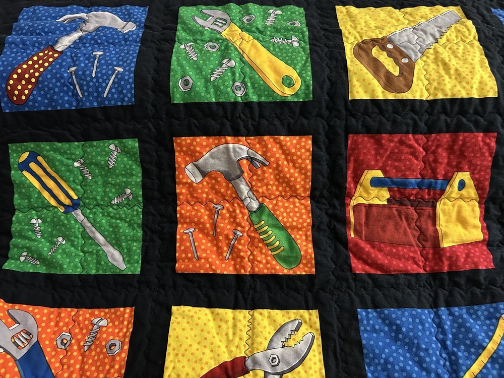 Project Linus Handmade Patchwork Tool Theme Quilt/Blanket 54 1/2"x40 1/2" Signed