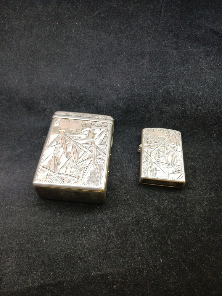ANTIQUE 950 Silver Japanese Bamboo Lighter & Cigarette Case