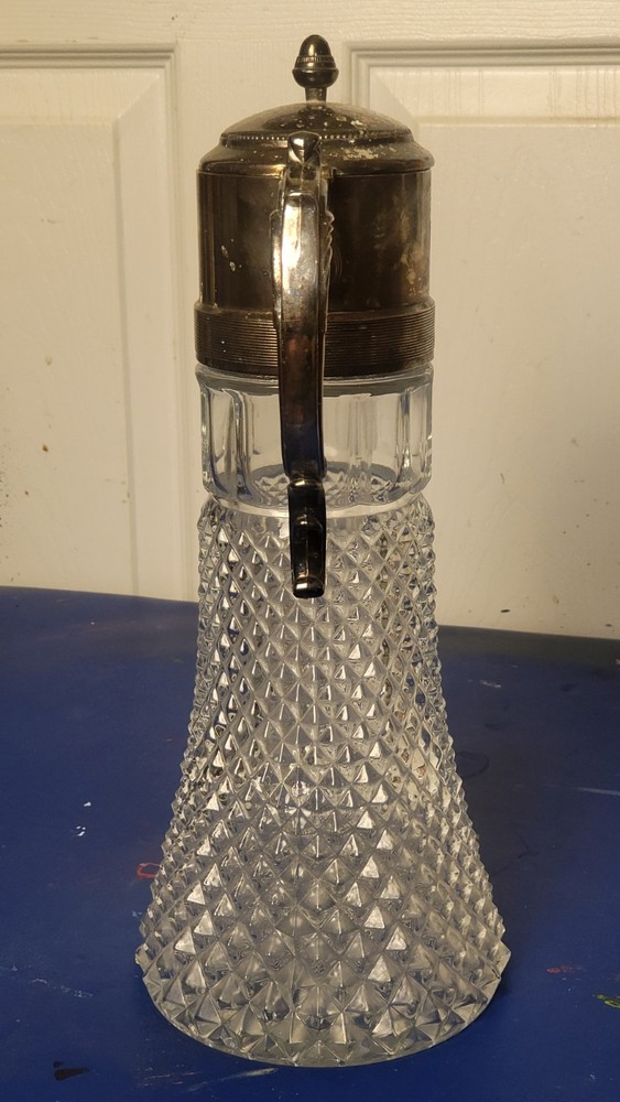 Vintage Crystal Diamond Cut Pattern Pitcher/Decanter Silverplate Hinged Lid