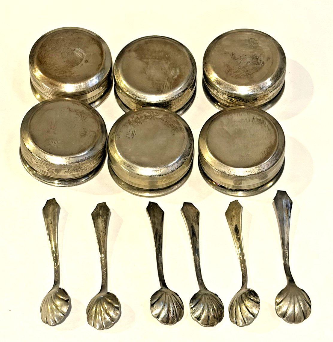 Set 6-ANTIQUE WEBSTER STERLING Open Salt Cellars /Shell Spoons-Orig Display Case