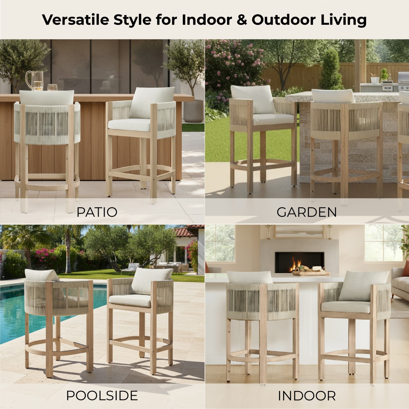 CHITA Cord Braid Barstools Set of 2,Modern Outdoor Woven Rope Counter Stools