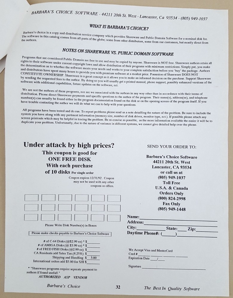 Barbara's Choice for Commodore Amiga and C64/C128 Computers '92 Software Catalog