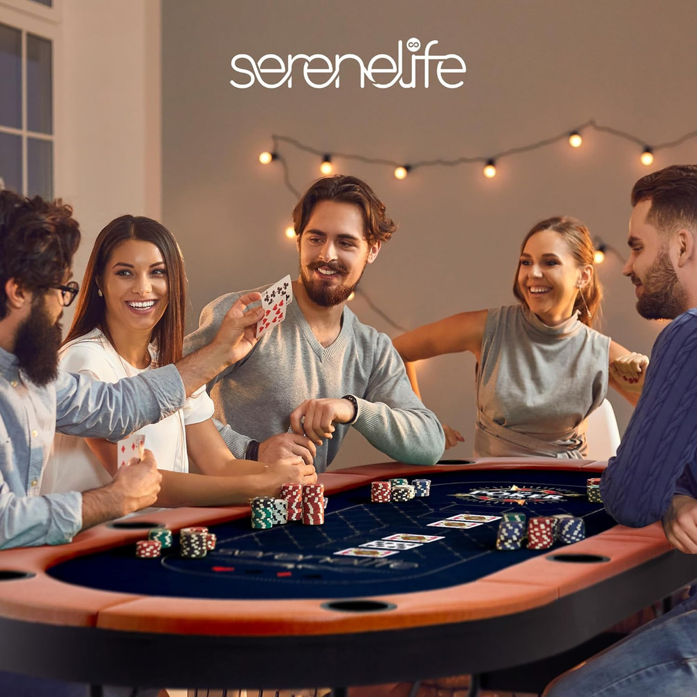 Portable 8-Player Foldable Poker Table with Cup Holders & Cushioned Rail