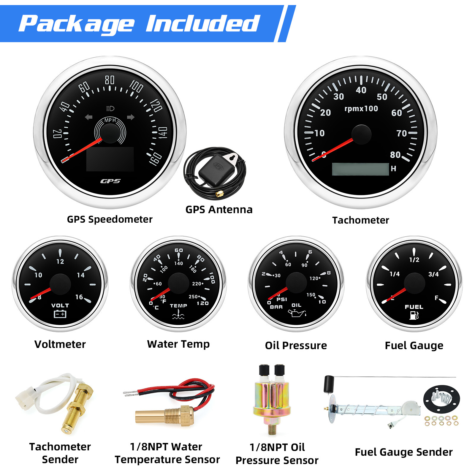 6 Gauge Set 85mm GPS Speedometer 160MPH Tacho&52mm Fuel/Oil/Temp/Volt Gauge US
