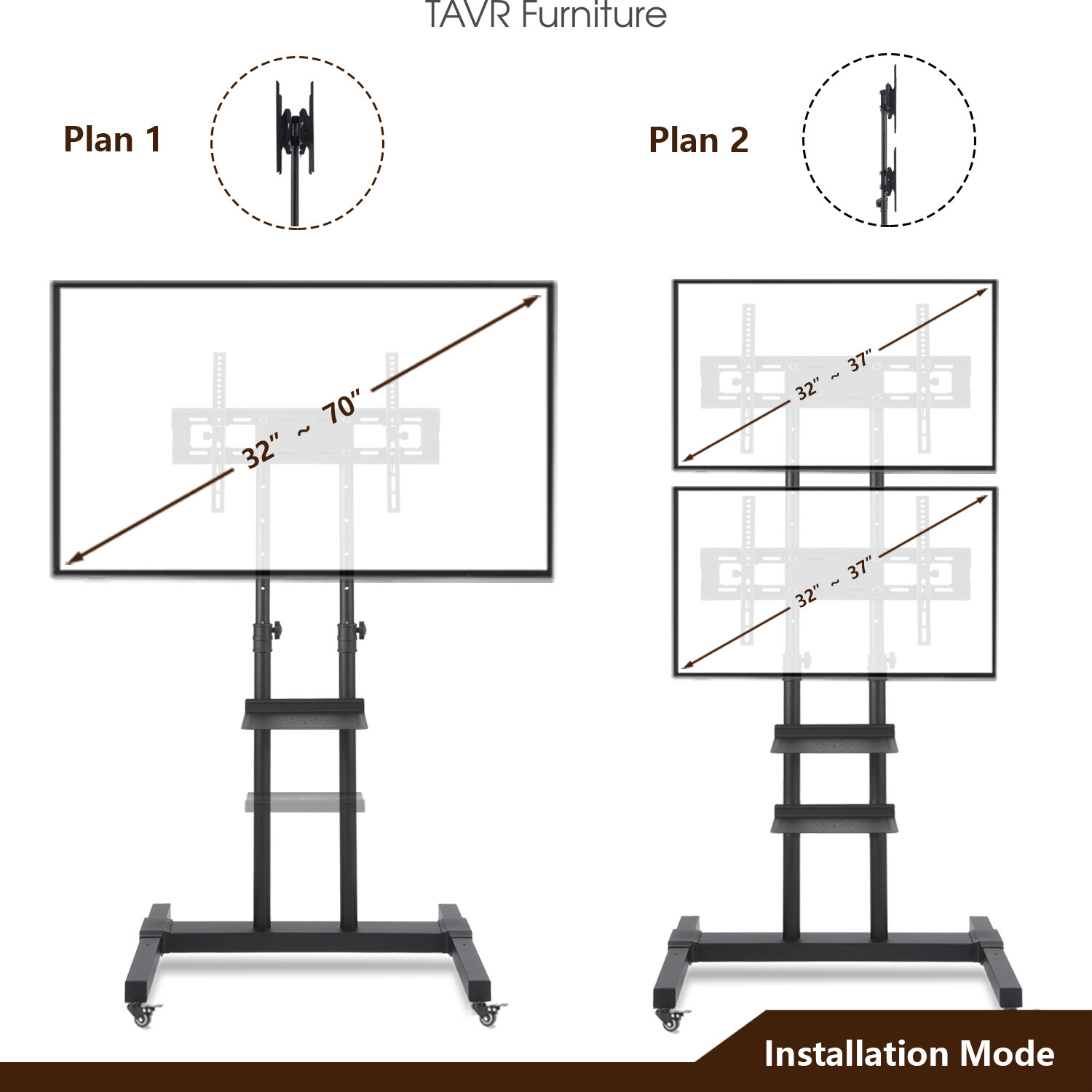 Dual Floor TV Stand Rolling TV Cart Two TV Brackets on Wheel for 32-70 inch TVs