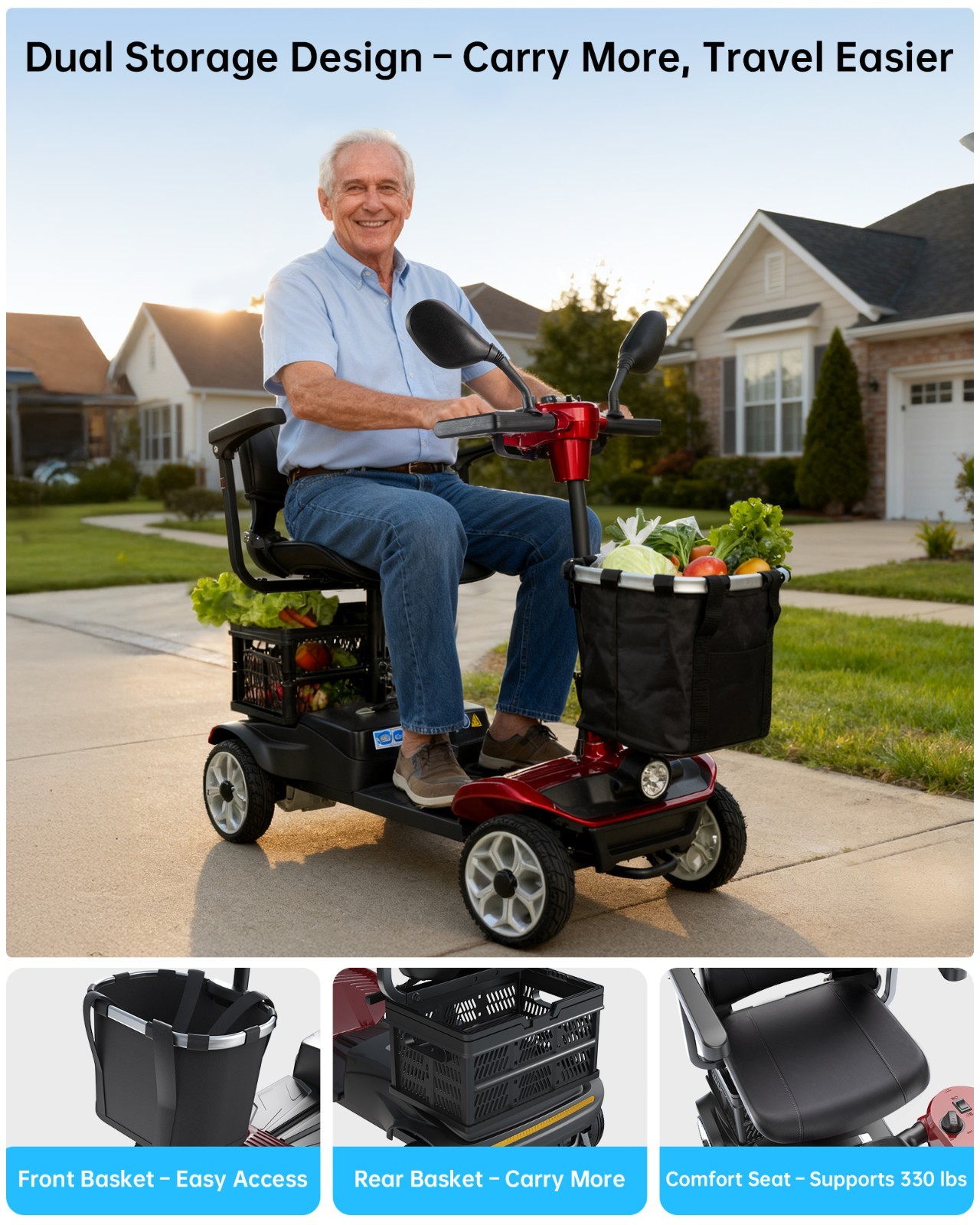 4 Wheel Mobility Scooters for Adults & Seniors, 15 Mi Range & 330 lb Capacity