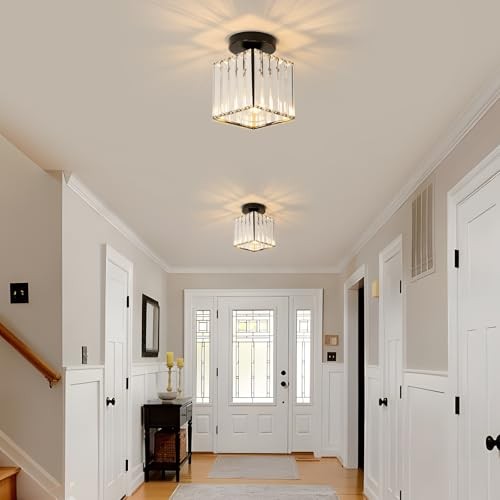Square Crystal Semi Flush Mount Ceiling Light, 5.1 Inch 2 Pack Square-Black