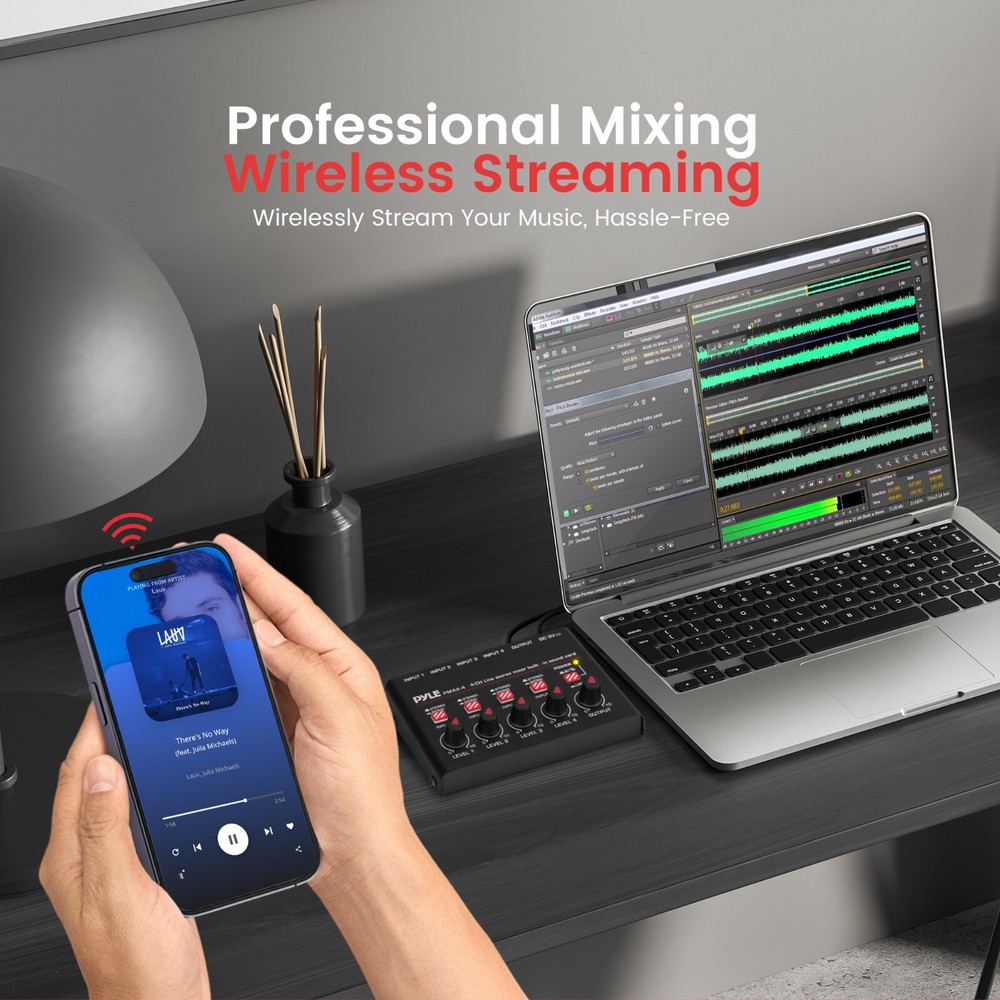 Pyle 4-Channel Wireless BT Streaming Mini Line Mixer w/ USB Audio Interface