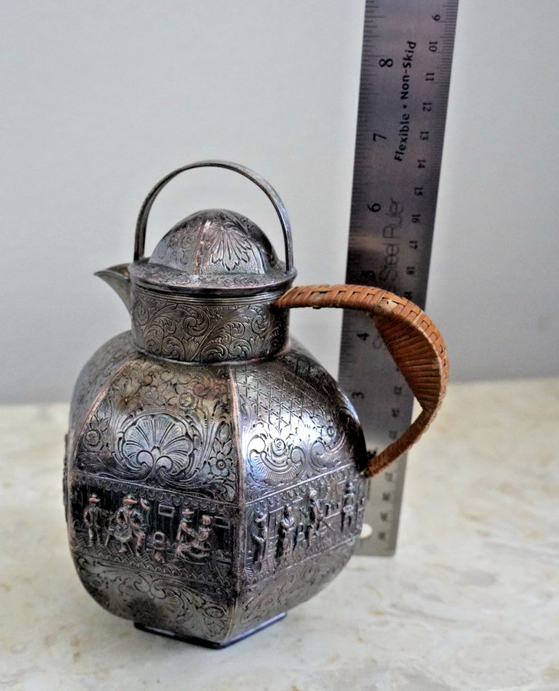 Antique EG Webster Silver Repoussé Pitcher Ornate with Rattan Handle