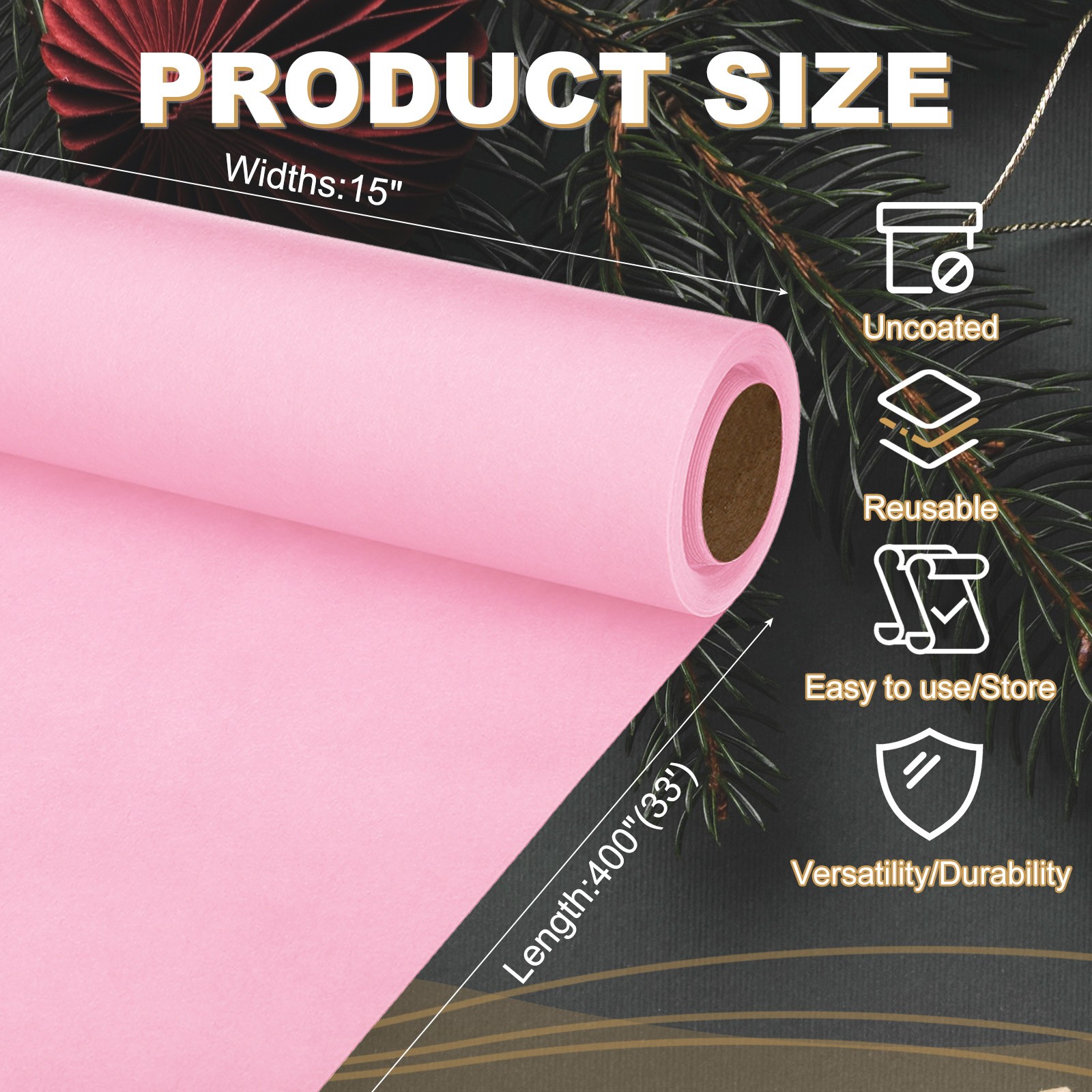 Wrapping Paper 15"x400"(33') 80 GSM Craft Paper Roll Kraft Packing Paper Pink