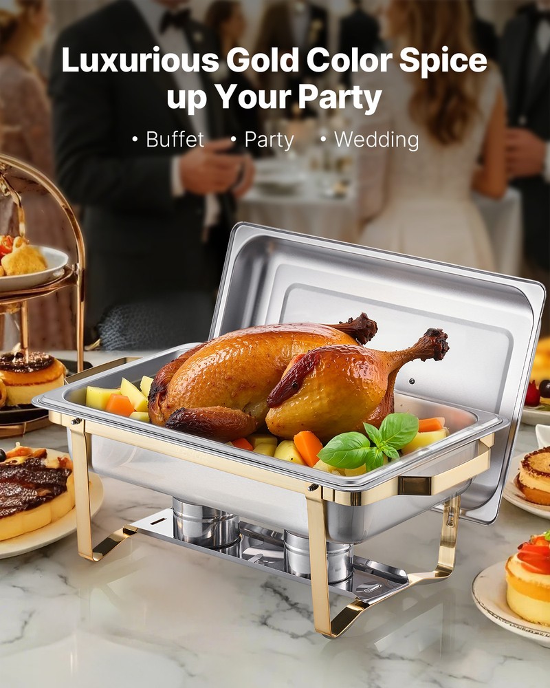 VEVOR 8 Qt 4 Pack Rectangle Chafing Dish Buffet Set Full-Size & Half-Size Gold