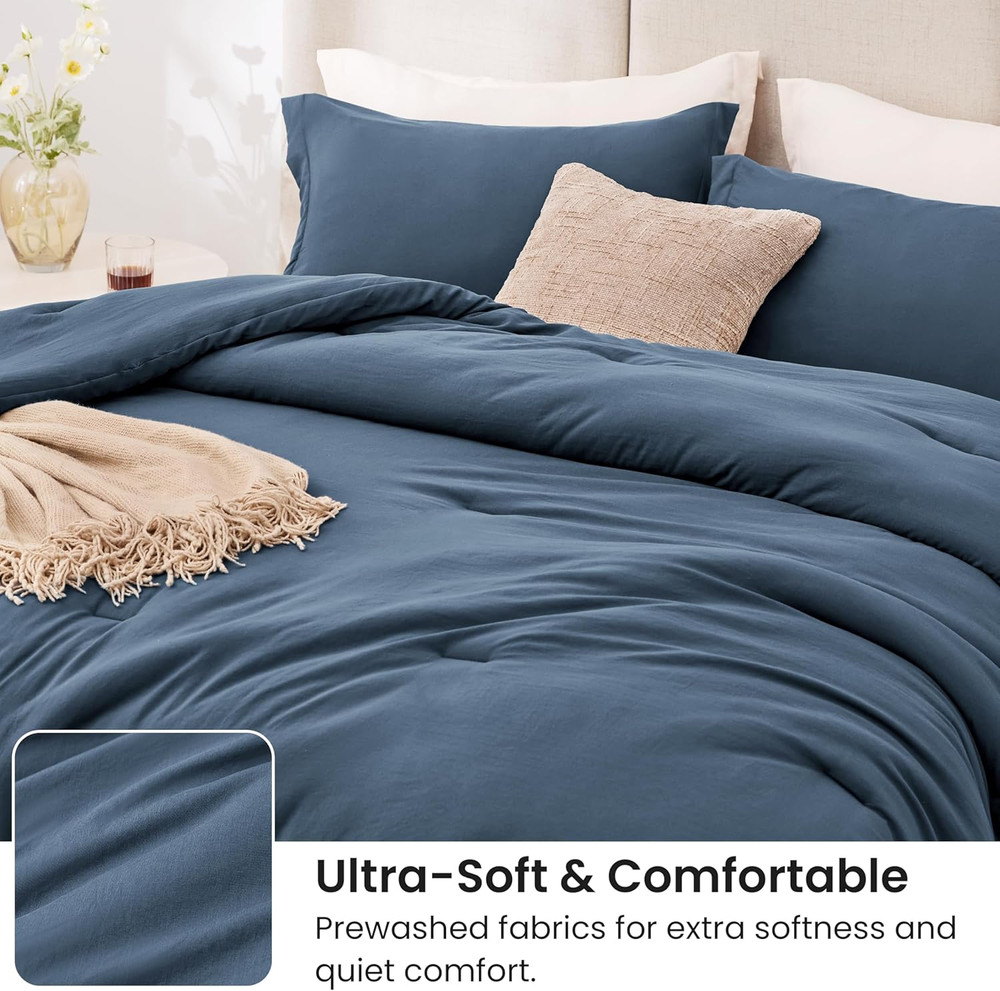 Navy Blue Queen Comforter Set, 3-Piece Prewashed Bed Set with 1 Comforter (90 X