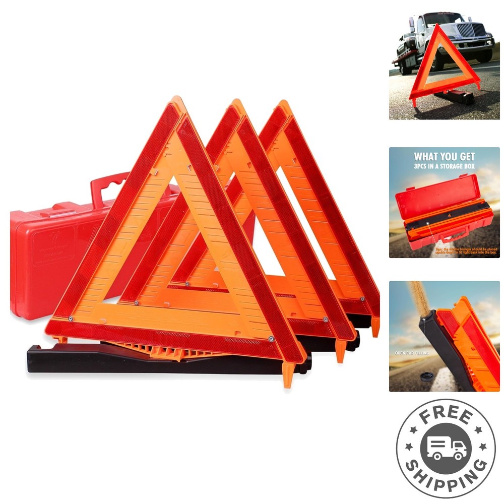 High Visibility 3 Pack Warning Triangles for Roadside Safety - Instant Alert