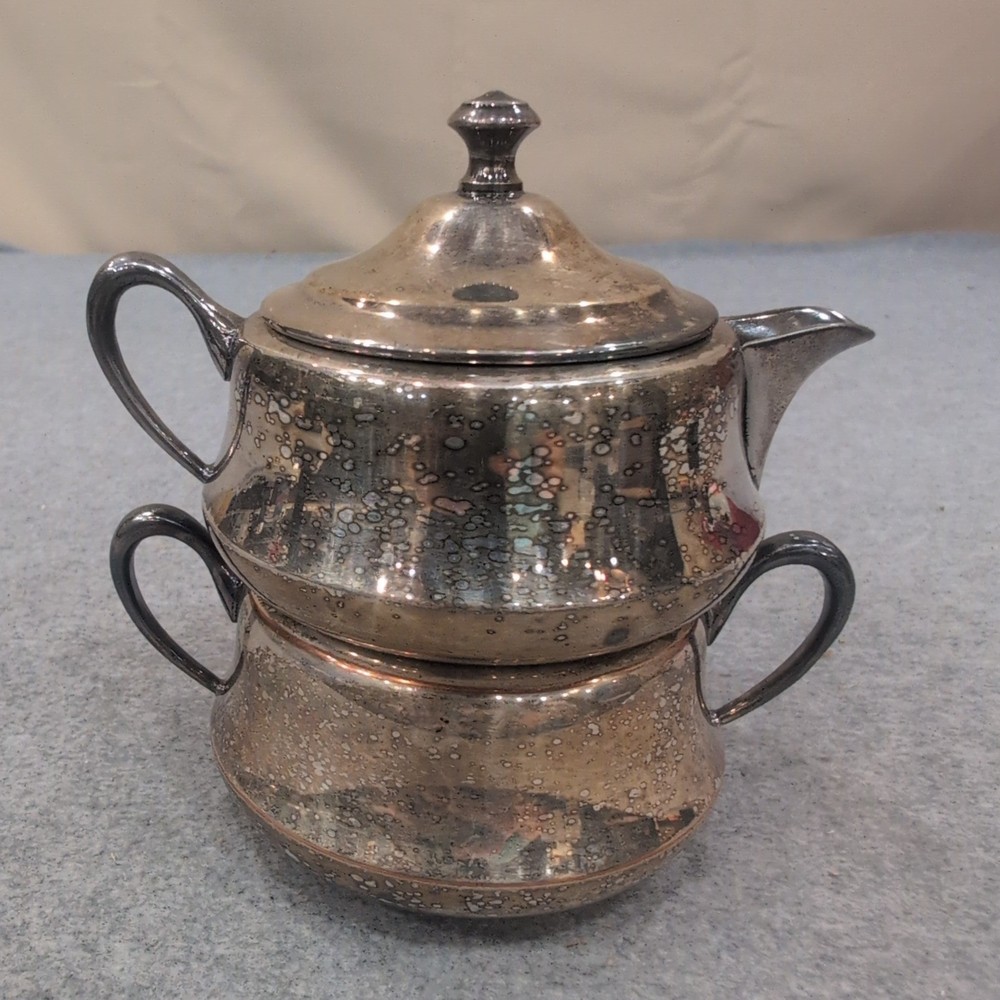 Vintage Stacking Silverplate Teapot and Sugar Bowl Set Wolf Crown Hallmarks