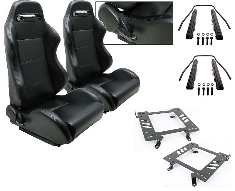 PAIR BLACK PVC LEATHER RACING SEATS + BRACKETS + SLIDERS FOR 02-13 MINI COOPER