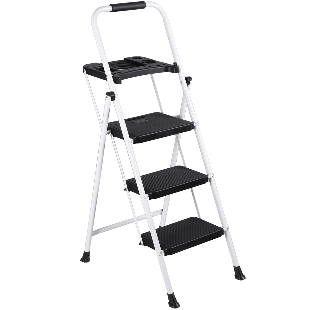 3 Step Ladder with Tool Platform Folding Step Stool with Anti-Slip Pedal White