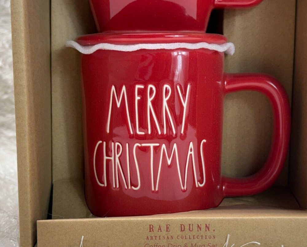 Rae Dunn "COFFEE" Drip & "MERRY CHRISTMAS" Mug Set