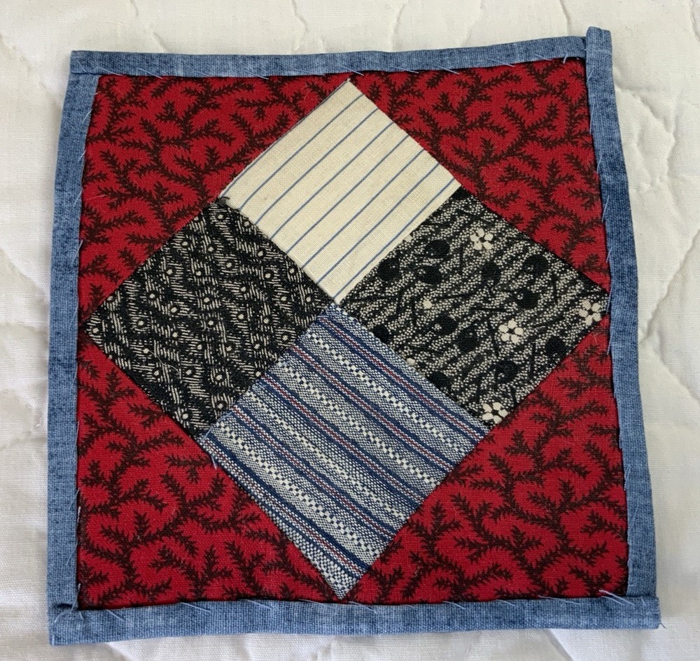 Antique Vintage Table Topper, Patchwork Quilt Top, Four Patch, Red, Blue, Mini