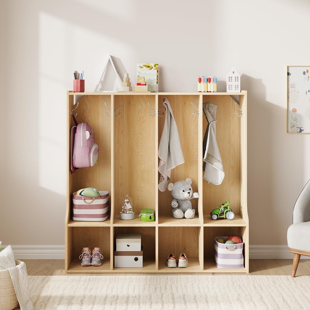 4-Section Classroom Coat Locker 4 Cubbies 8 Hooks Natural Oak for Home School