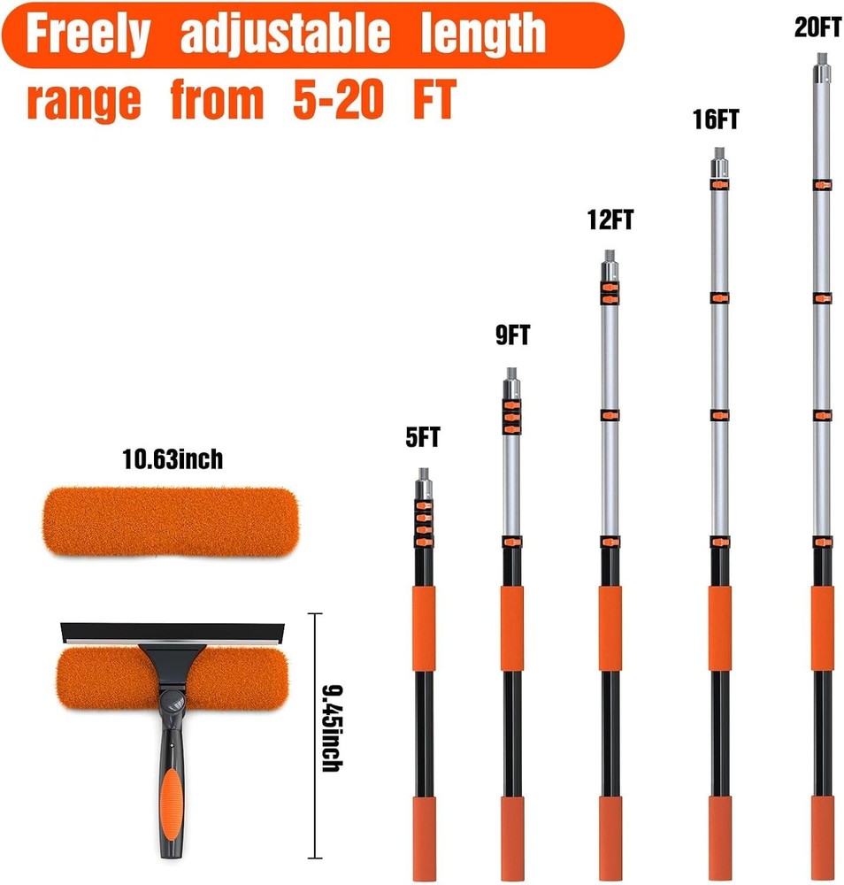 Multi-Surface Window Squeegee with 20FT Telescoping Pole & Streak-Free Finish