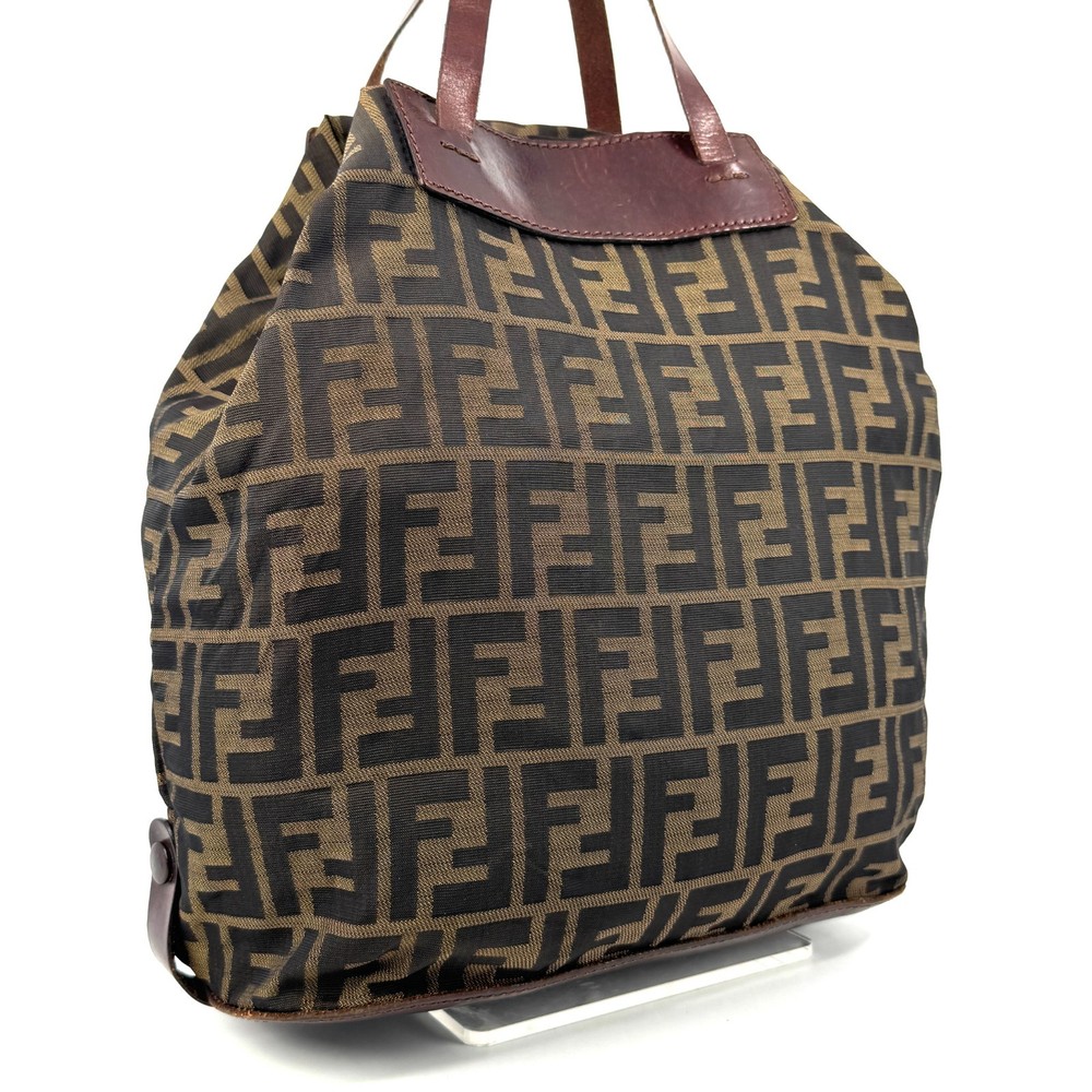 FENDI Zucca Pattern FF Tote Bag Nylon Leather Brown Authentic