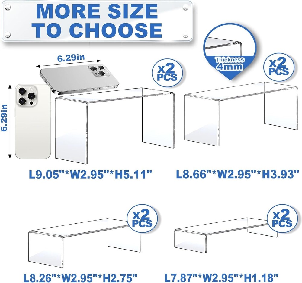 Large Acrylic Risers 8 Pcs 2 Set Display Rectangular Stands Shelf Clear NEW