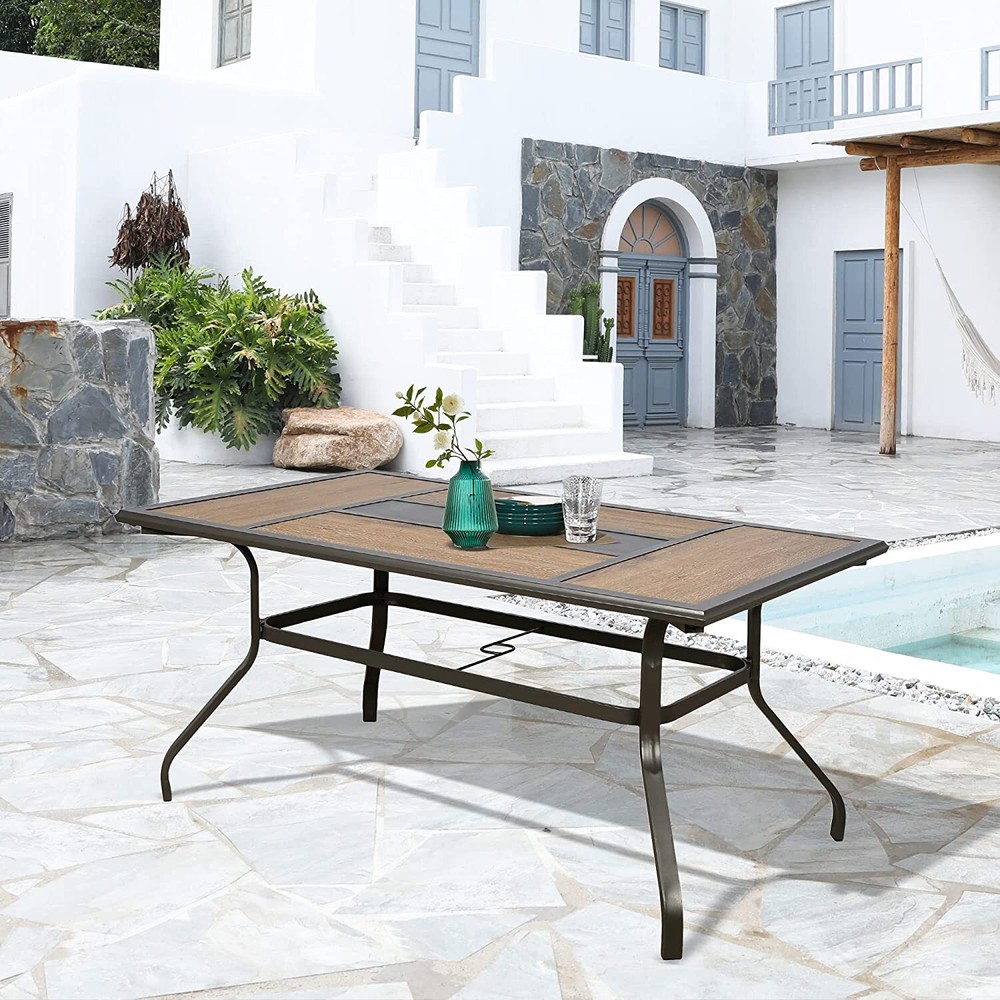 Garden Patio Dining Table w/ Umbrella Hole Rectangular Outdoor Table for 6 Party