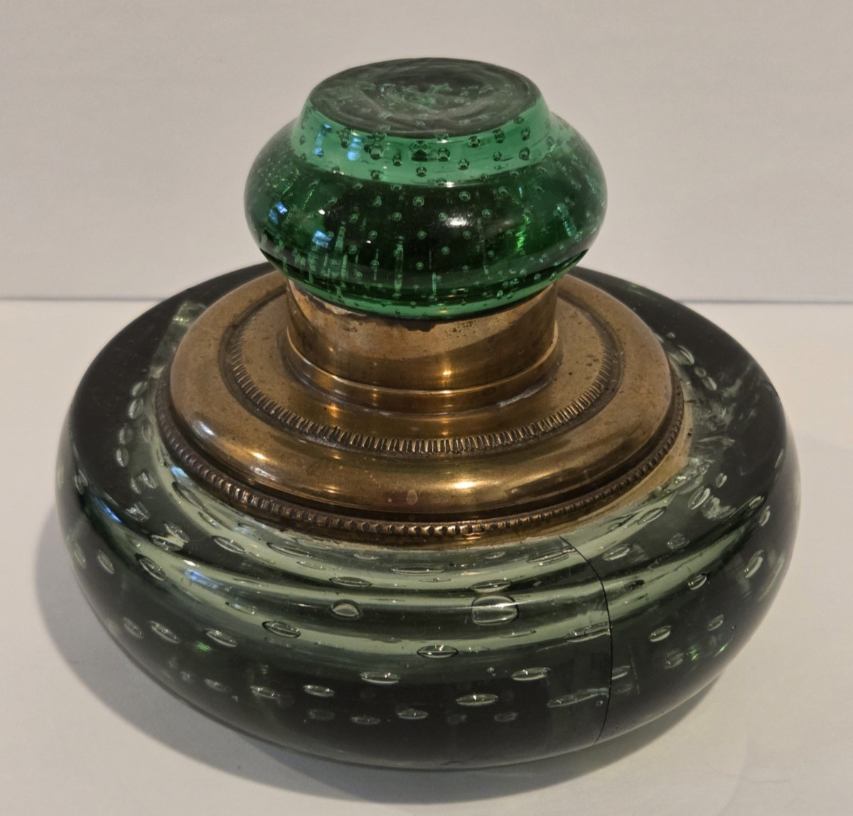 Glass Ink Well hand Blown Controlled Bubbles Brass Antique Green