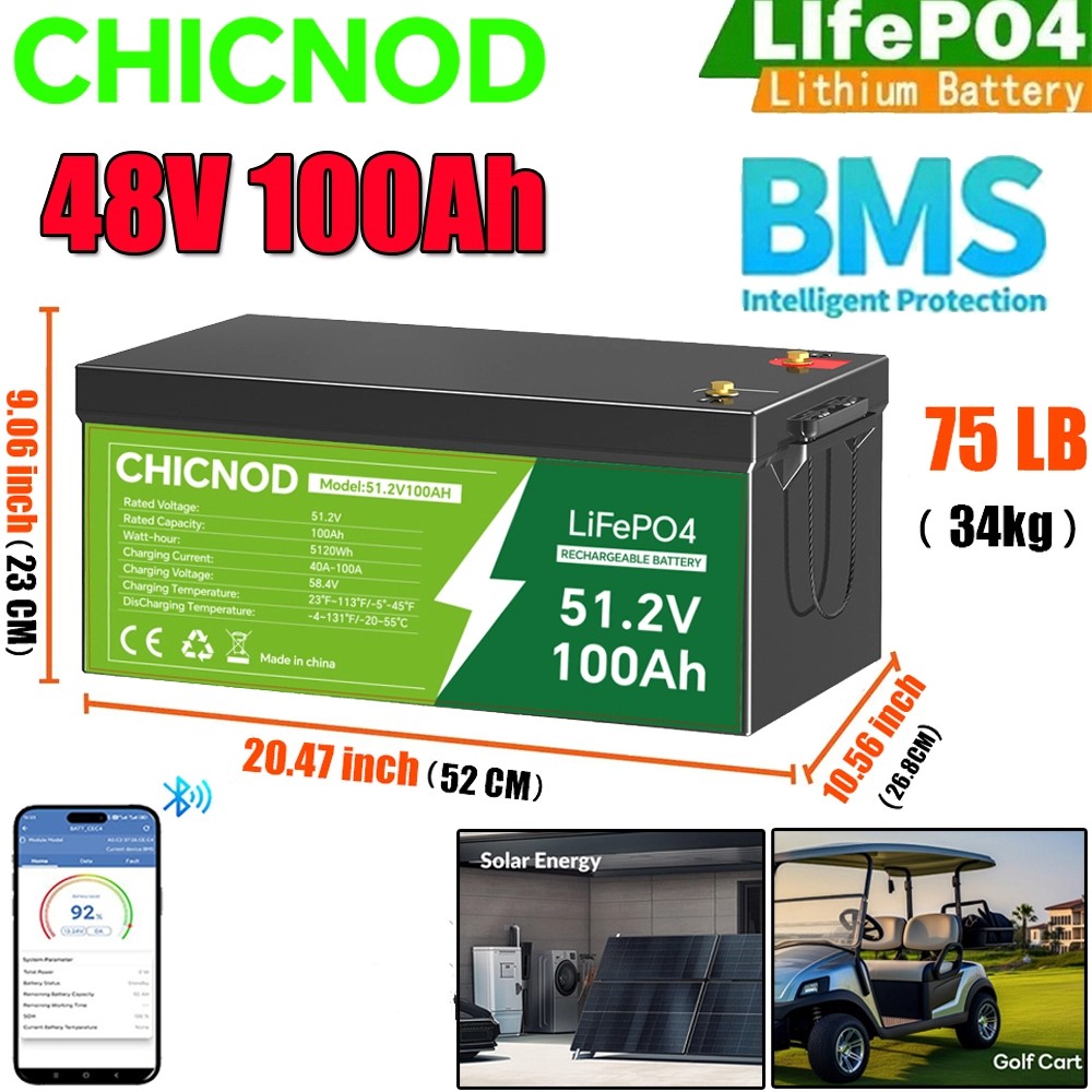 48V 100Ah LiFePO4 Lithium Battery 5120Wh Deep Cycle BMS For Golf Cart Solar RV