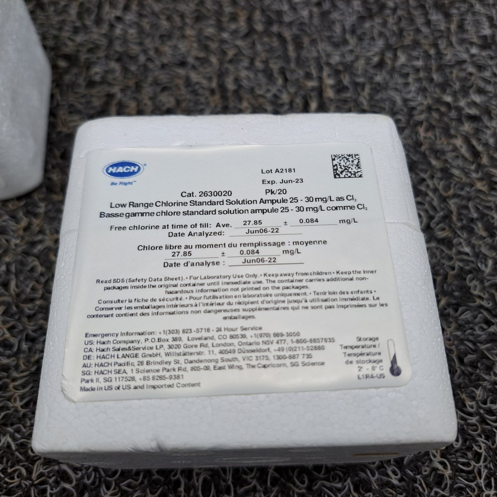 Hach® 2630020 Chlorine Std. Solution, 25-30mg/L as Cl₂, 2mL Ampules. Outdated