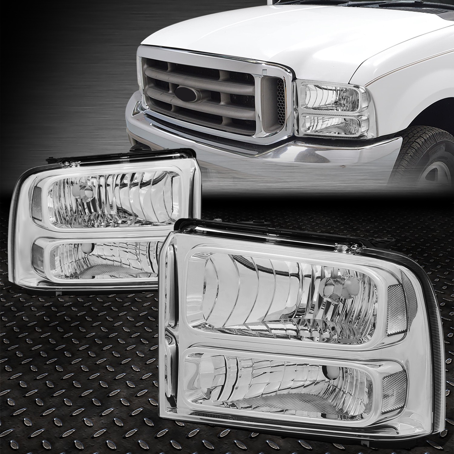 FOR 05-07 FORD F250 F350 SUPER DUTY CHROME HOUSING CLEAR CORNER HEADLIGHT LAMPS