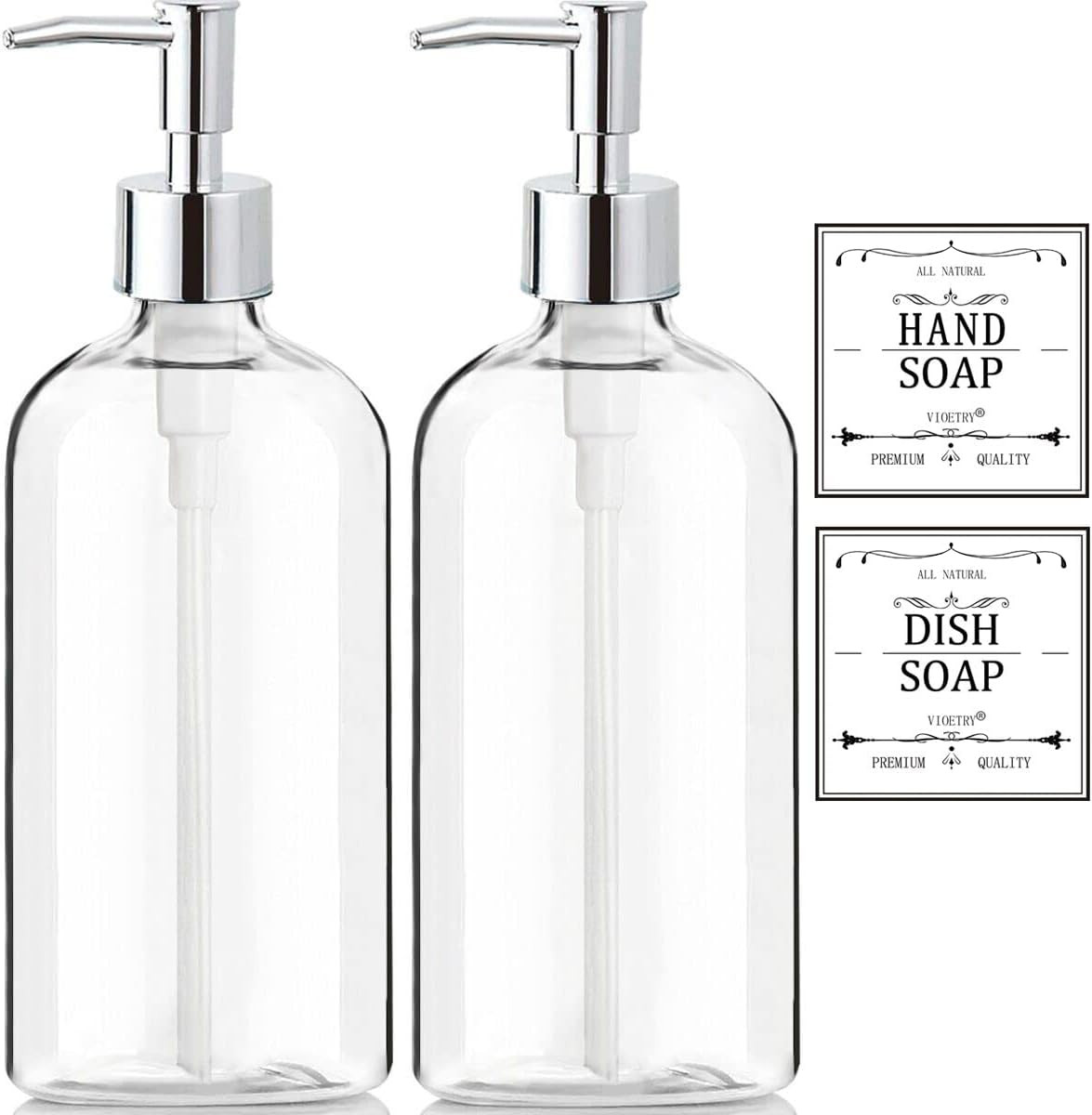 Clear Soap Dispenser with Rust Proof Pump, Waterproof Labels (2 Pack,16 Oz), Pla