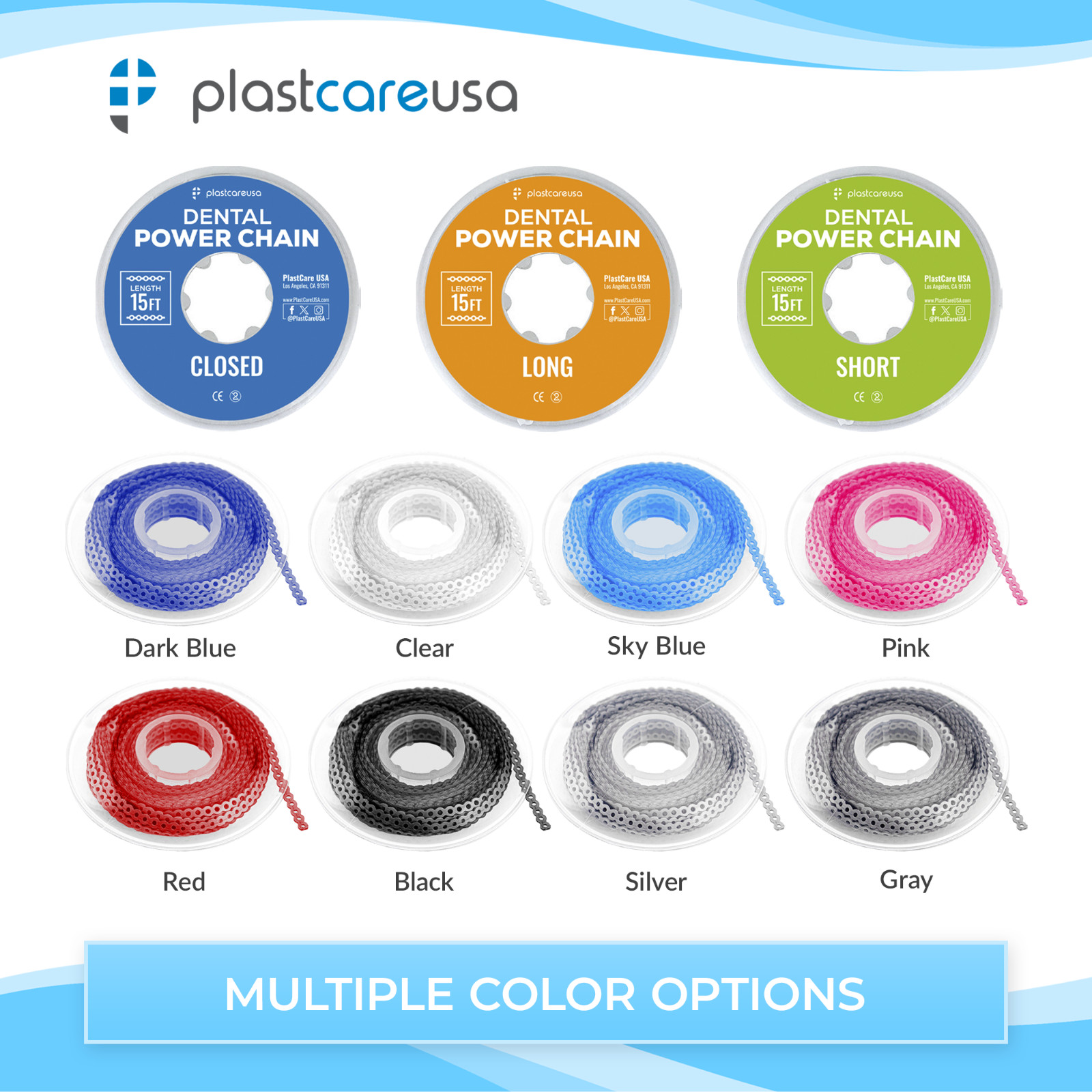 Dental Orthodontic Power Chains Braces - 15 ft Long Short Closed Multiple Colors