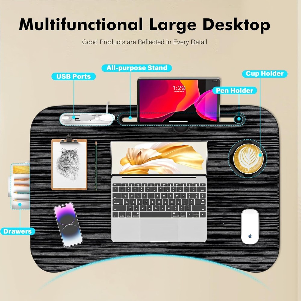 Laptop Table for Bed Adjustable Height Foldable With Storage Portable Lap Desk