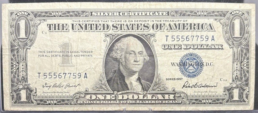 1957 $1 Note Silver Certificate, #T55567759A! 🔥🔥