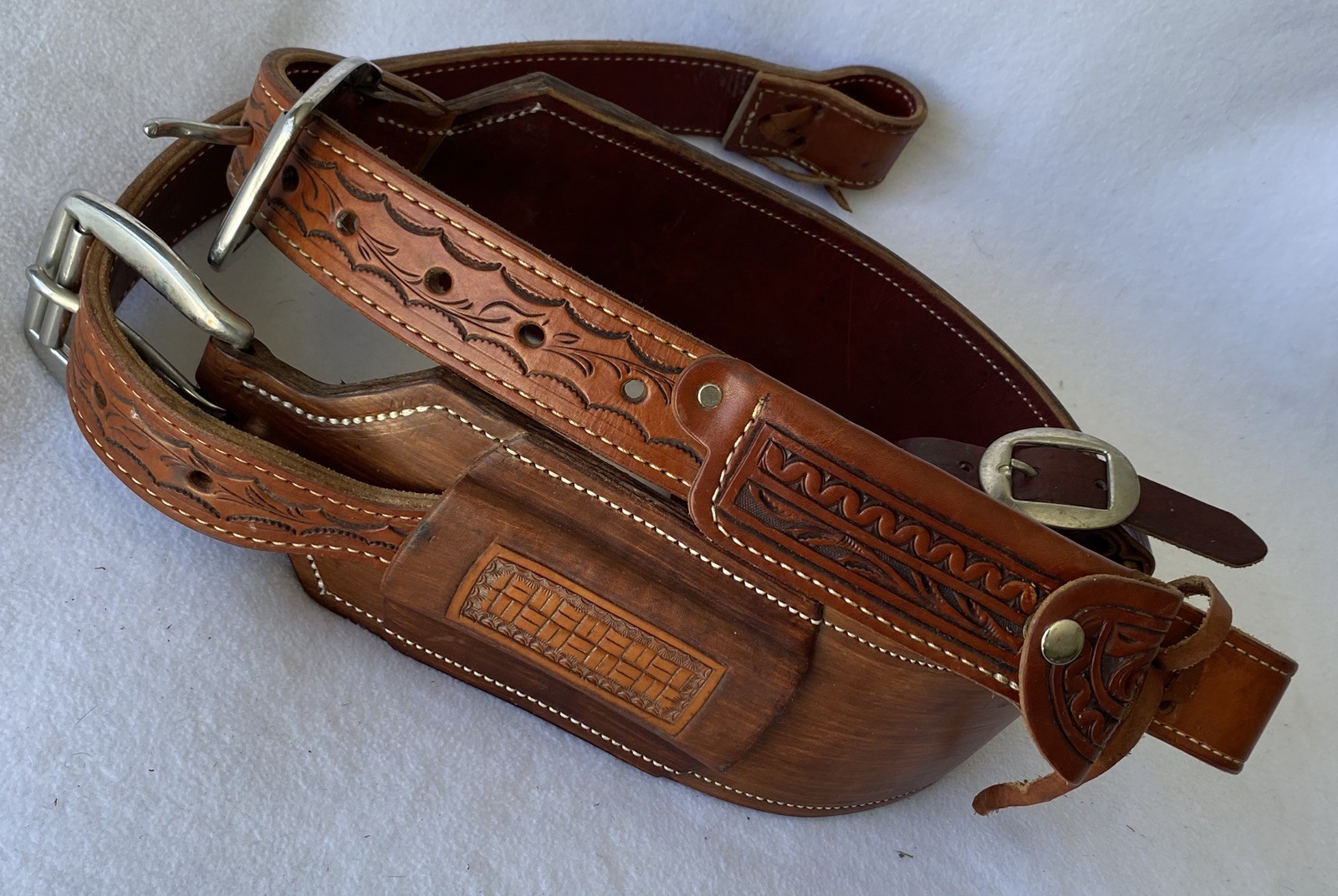 High QUALITY Double Stitch TOOLED Skirt Leather Back Flank Cinch &Billet SET~EUC