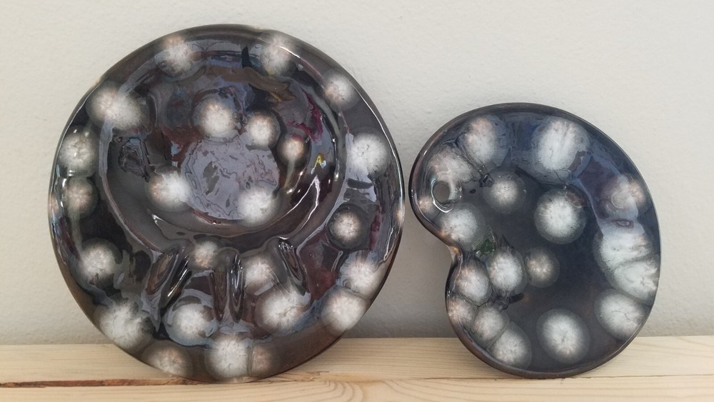 Vintage Glazed Ceramic Mcm Ashtray Set Signed J.